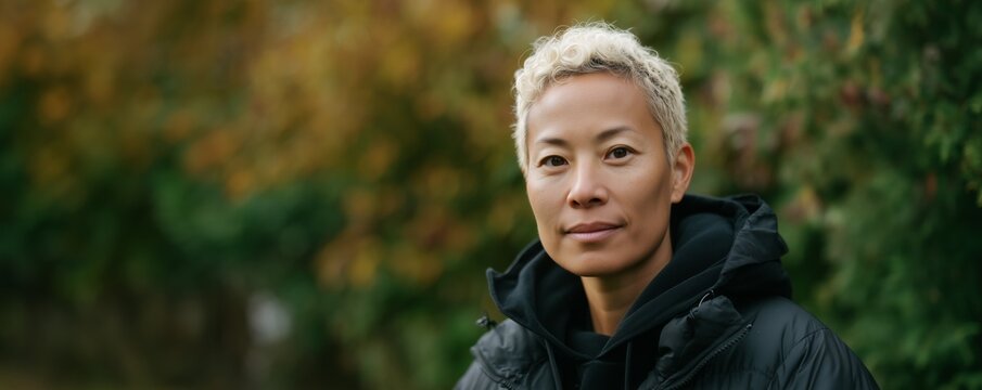 Serene moment at lgbtq retreat: middle-aged asian woman in autumn colors - Powered by Adobe