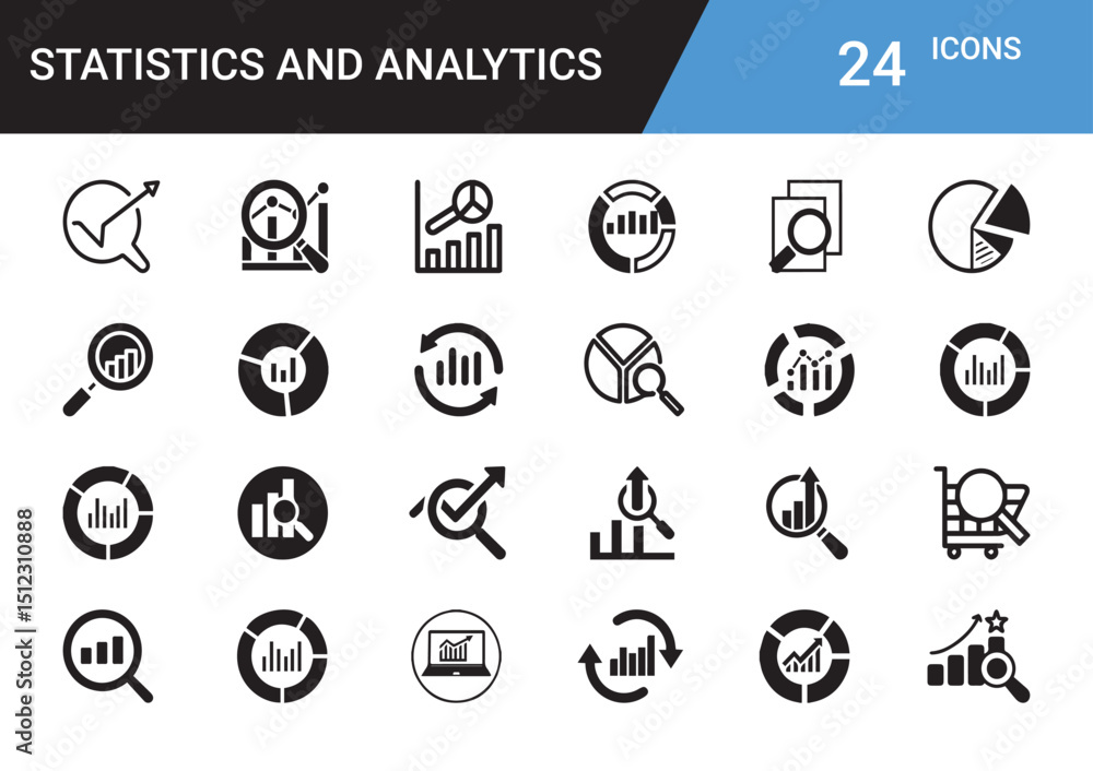 Poster statistics and analytics icon set: an illustrative collection of icons representing statistics and a