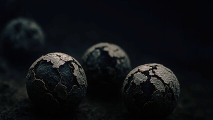 Radiation affected human cells in cracked, dark spheres showcasing cellular damage