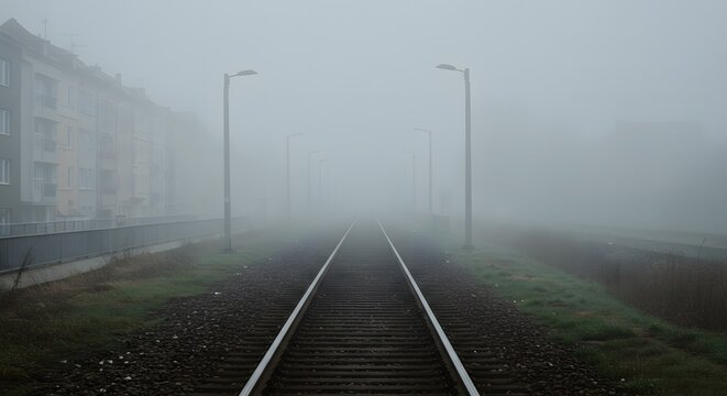Minimalist railway tracks stretching into urban fog