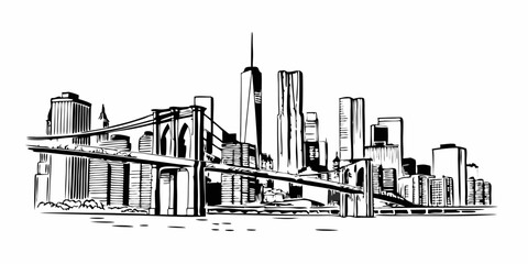 Obraz premium Illustration of the new york city skyline with the brooklyn bridge in black and white line art style |eps vectors