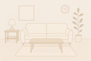 Illustrated cozy living room interior with couch, coffee table and decor in beige tones, Minimalist interior and lifestyle