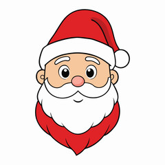 Cheerful cartoon face of Santa Claus with rosy cheeks, twinkling eyes, a fluffy white beard, red hat with a pom-pom, and a big jolly smile full of holiday spirit.
