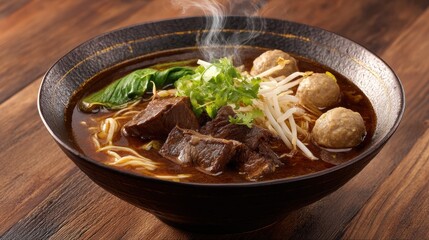 Aromatic hot beef noodle soup with tender meatball chunks fresh herbs and steaming broth served in a black bowl on rustic wooden table