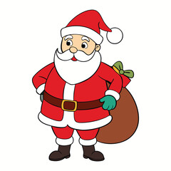 Santa Claus stands joyfully beside a decorated Christmas tree, holding a sack full of colorful gifts, ready to spread holiday cheer and festive magic to all.
