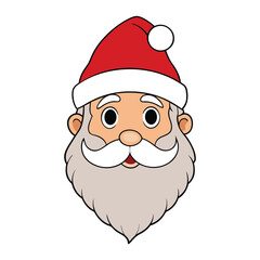 Cheerful cartoon face of Santa Claus with rosy cheeks, twinkling eyes, a fluffy white beard, red hat with a pom-pom, and a big jolly smile full of holiday spirit.
