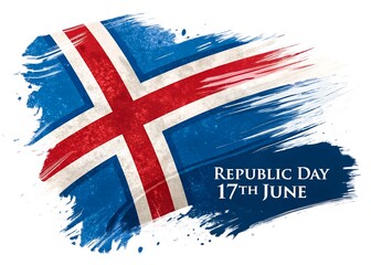 A vibrant and artistic representation of the Icelandic flag with a painterly brushstroke effect, featuring the text 'Republic Day 17th June'.