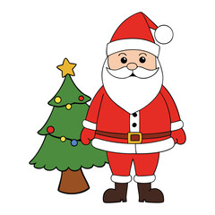 Santa Claus stands joyfully beside a decorated Christmas tree, holding a sack full of colorful gifts, ready to spread holiday cheer and festive magic to all.
