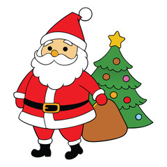 Santa Claus stands joyfully beside a decorated Christmas tree, holding a sack full of colorful gifts, ready to spread holiday cheer and festive magic to all.
