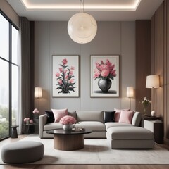 Modern living room with framed floral prints, light gray sectional sofa, and a round ottoman