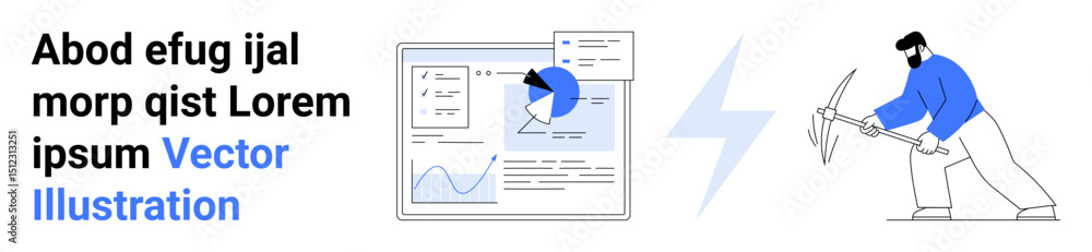 Poster analytics dashboard with graphs, pie chart, man mining with pickaxe, lightning bolt icon. ideal for 
