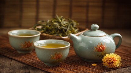 Traditional Chinese tea set with a teapot and two cups filled with tea, jasmine flowers and dried herbs on a rustic wooden background for cultural tea ceremony