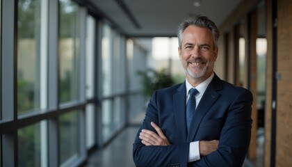 portrait of a confident middle-aged male business executive standing in a modern office, wearing a navy blue suit and tie, arms crossed-faceai-enhance-3.4x