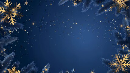 A festive blue background adorned with pine branches and golden snowflakes, creating a warm, celebratory atmosphere. Tiny, sparkling lights add a magical touch. Ideal for holiday greetings. - Powered by Adobe