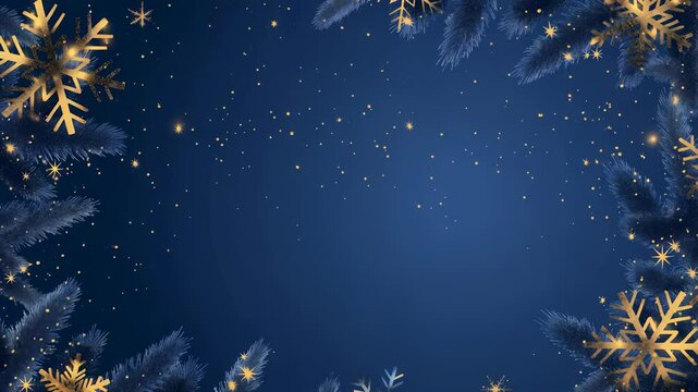 A festive blue background adorned with pine branches and golden snowflakes, creating a warm, celebratory atmosphere. Tiny, sparkling lights add a magical touch. Ideal for holiday greetings.
