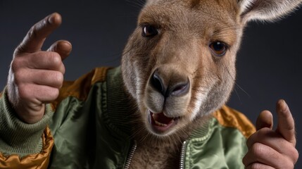 Hip kangaroo in bomber jacket posing with swagger for creative design