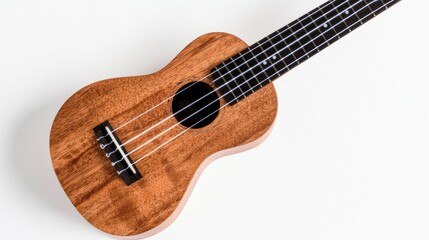A brown ukulele with a black pickguard and white strings.