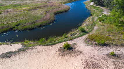 Inland dunes, bird's eye view, Wielkopolska Voivodeship, Poland.