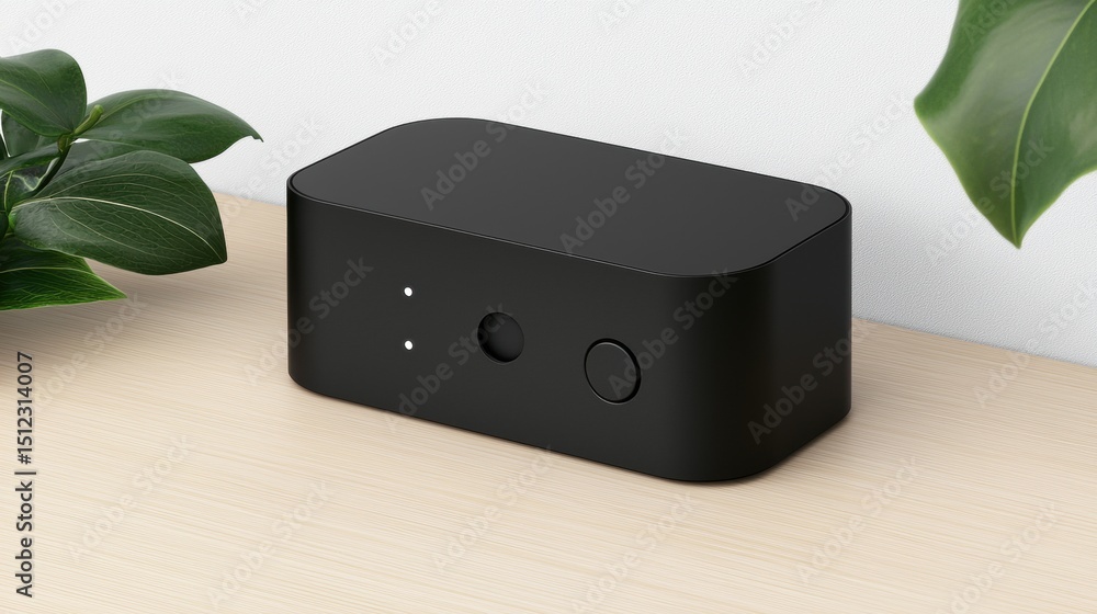Poster a black rectangular box with two small circles on the front and a larger circle on the side.
