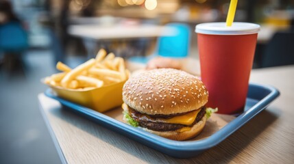 Delicious cheeseburger with fresh vegetables served on a tray with crispy fries and a soft drink at a casual dining restaurant or cafe setting