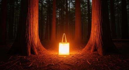 Illuminated bag in enchanted forest for plastic bag free day awareness