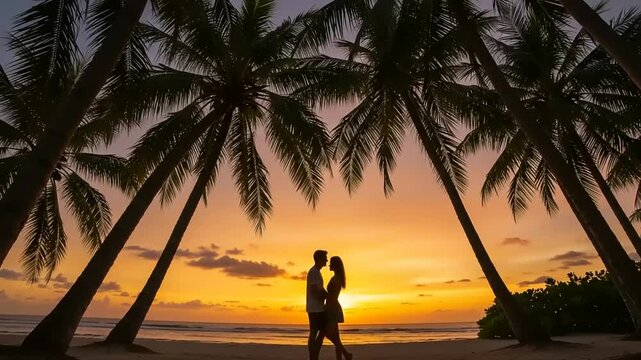 Romantic silhouette of a couple embracing at sunset on a tropical beach with palm trees