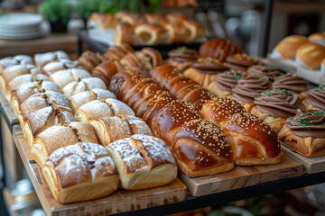 Delightful pastry and bread selection on bakery tray, fresh and ready to enjoy