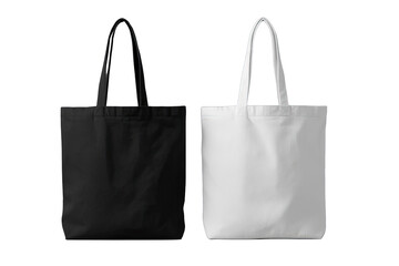 Two plain tote bags, black and white, displayed side-by-side