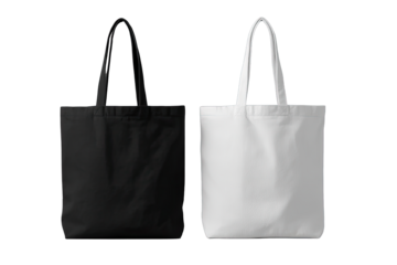 Two plain tote bags, black and white, displayed side-by-side