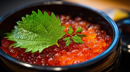 Close-up of fresh salmon roe with green leaf garnish in a black bowl on wooden surface, highlighting vibrant orange translucent fish eggs for seafood and culinary presentation