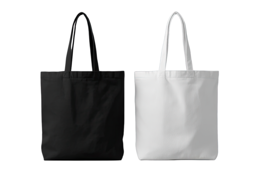 Two plain tote bags, black and white, displayed side-by-side