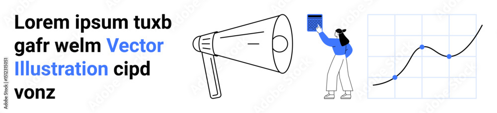 Poster megaphone for messaging, person presenting with a document, upward graph for growth metrics. ideal f