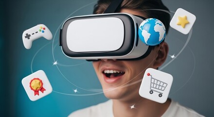Exploring the metaverse with VR headset and digital icons