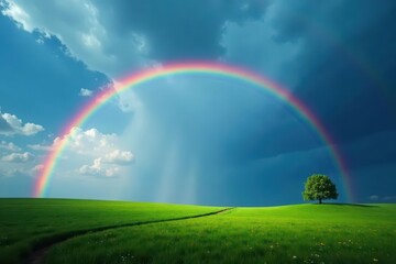 Naklejka premium Wide, sweeping rainbow across a deep blue sky, wide, photography