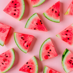 Slices of juicy watermelon on a pink background. summer pattern. seasonal delicacies. Summer fruit ornament. web decor.