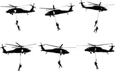 Black hawk helicopter rappelling soldiers silhouettes