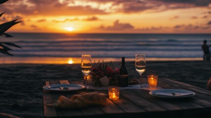 Romantic Beach Sunset Dinner: A breathtaking coastal scene of a candlelit dinner for two on a beach during sunset, reflecting the warm golden hues of the sky and the tranquil ocean waves.