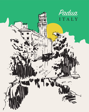 Drawing sketch illustration of Torre Specola in Padua, Veneto, Italy