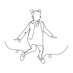 Continuous line drawing of happy kid girl children dancing and jumping. Single one sketch line childhood vector illustration editable stroke