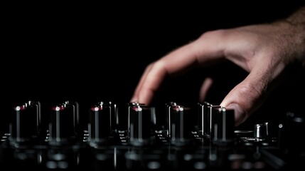 A hand is adjusting the knobs on a DJ mixer.