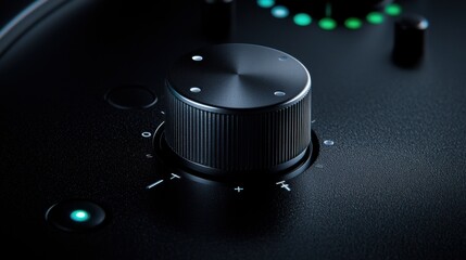 A close-up view of a black rotary dial with four small dots and a green light.