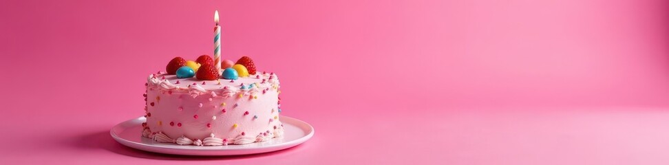 Isolated birthday cake, viewed from above, vibrant pink backdrop, pink, frosting