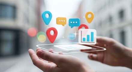 Futuristic Transparent Device Displaying Business Data Icons