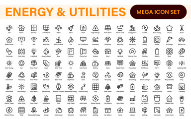 Renewable Energy and Utilities Icon Pack &ndash; Vector Line Illustrations for Solar, Wind, Electric Power, Sustainable Energy, and Environmental Designs