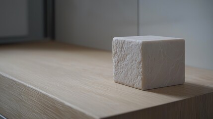 A white marble cube sits on a light wood surface.