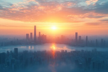 Naklejka premium Sunrise over a sprawling city skyline with shimmering reflections on water