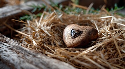 Close up of a heart-shaped wooden carving with a decorative metallic crest in a nest of dried grass, evoking rustic charm and heartfelt artistry.
