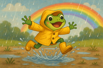 Fototapeta premium Joyful Frog in Raincoat Leaping Across Puddles