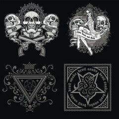 set, gothic sign with skull, grunge vintage design t shirts
