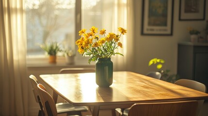 Minimalist dining room with oak table, mid-century modern chairs, and a green vase holding yellow spring flowers in a sunlit, neutral-toned space